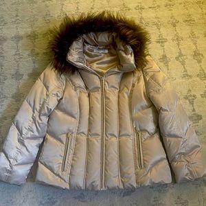 Calvin Klein Champagne Puffer Coat with Faux Fur Detachable Hood